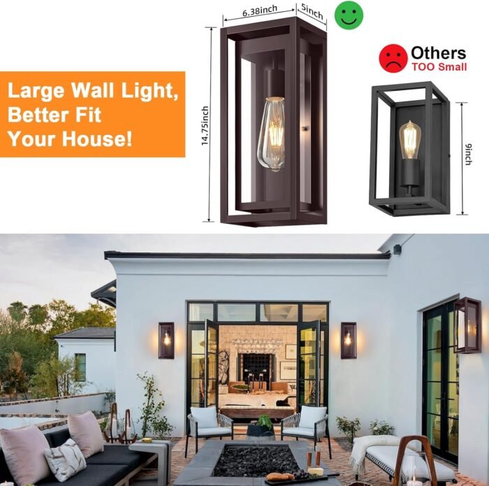 15" Large Oil Rubbed Bronze Outdoor Light Fixture, 2 Pack ORB Outdoor Sconces, Modern Waterproof Outdoor Wall Lights with Clear Glass Shade for Front Door, Porch, Garage - Image 6