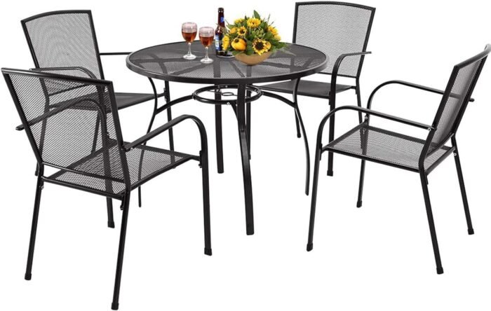 AECOJOY Metal Patio Table and Chairs Set for 4, Outdoor Dining Sets Patio Dining Table Furniture Set Round Outside Table and Chairs for Garden Backyard with Umbrella Hole - Image 5