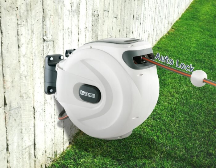 Blütezeit Retractable Garden Hose Reel, 1/2'' x 100ft Hose Reel Wall-Mount with 10-Function Spray Nozzle, Any Length Lock | 180° Swivel | Automatic Slow Rewind | Heavy Duty - Image 2