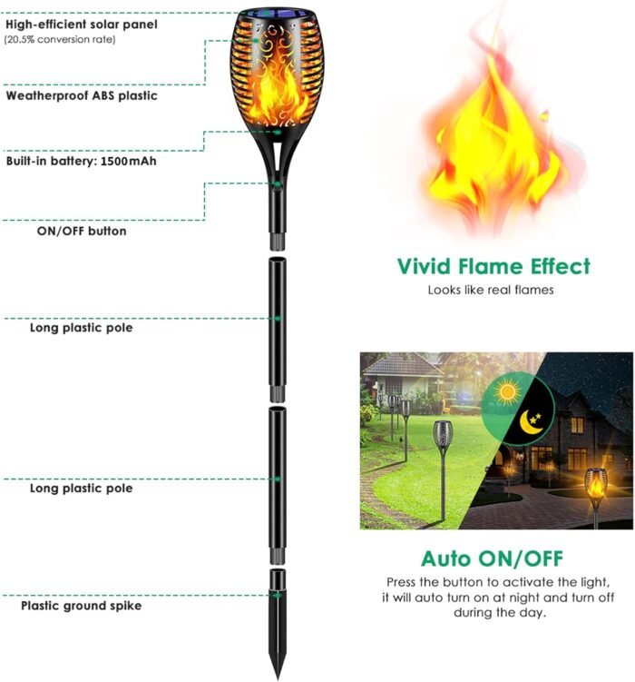 TomCare Solar Lights Outdoor 99 LED Higher & Larger Flickering Flame Solar Torch Lights 43" Waterproof Outdoor Lighting Solar Powered Pathway Lights for Garden Patio Yard, 4Pack - Image 4