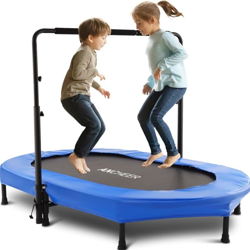 ANCHEER 56" Double Kids Trampoline with Adjustable Handlebar, 220lbs Capacity - Indoor/Outdoor Foldable Jumper for 2+ Users (ASTM Certified)
