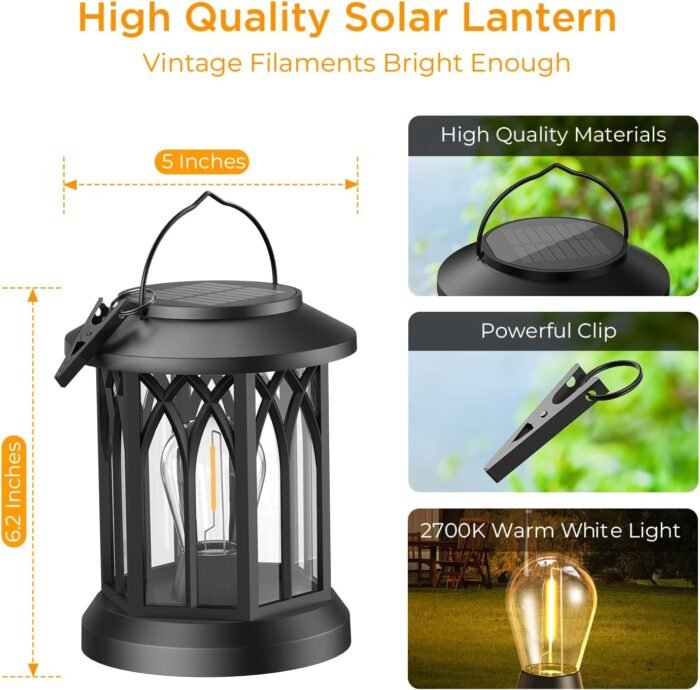 WdtPro Solar Lanterns Outdoor Waterproof, Upgraded Bright Hanging Solar Lights for Outside,Solar Powered Lanterns Lighting LED for Garden Patio Yard Decorative 2 Pack (Warm Light) - Image 6