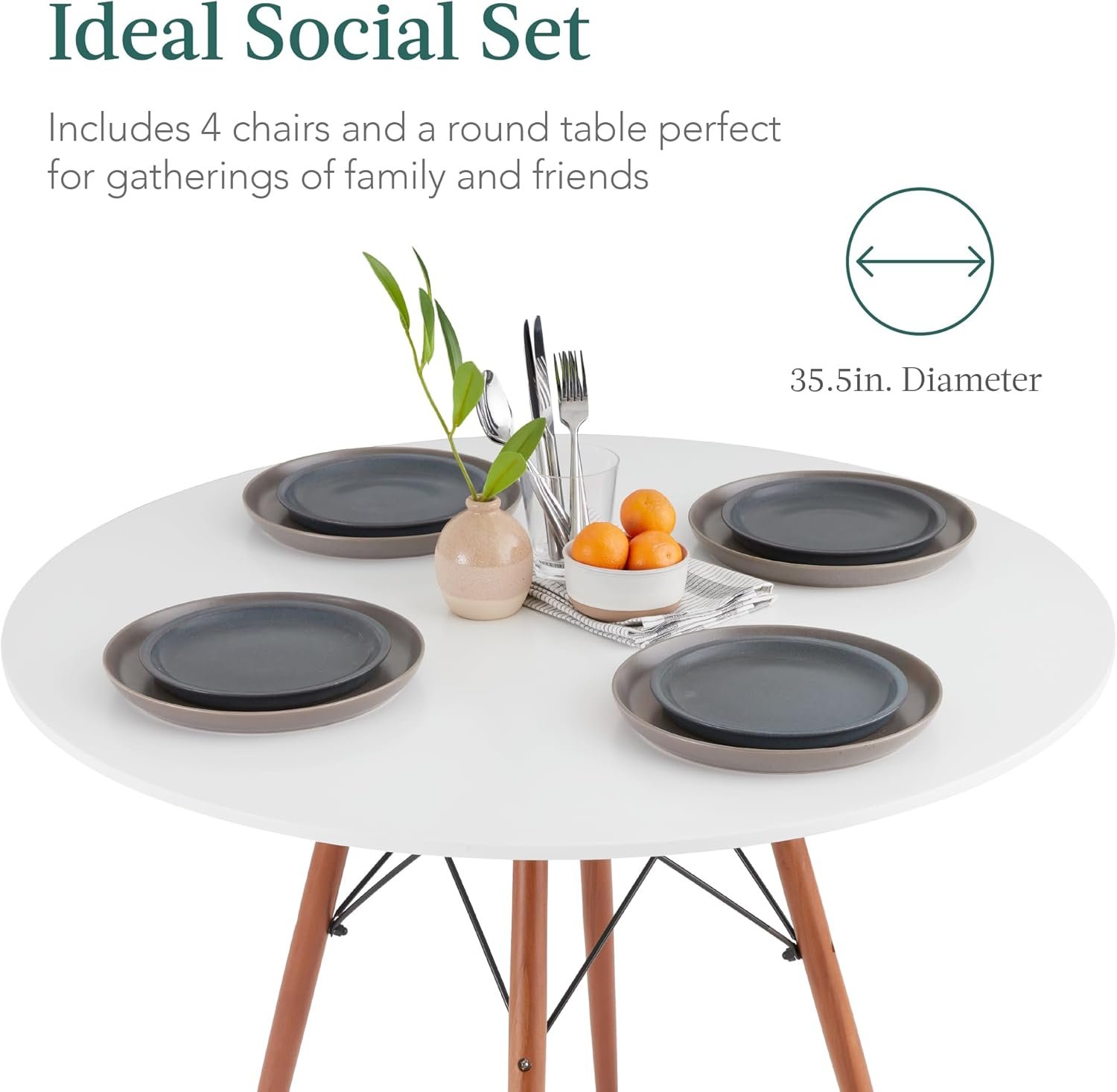 Best Choice Products 5-Piece Dining Set, Compact Mid-Century Modern Table & Chair Set for Home, Apartment w/ 4 Chairs, Plastic Seats, Wooden Legs, Metal Frame - Brown/White - Image 4