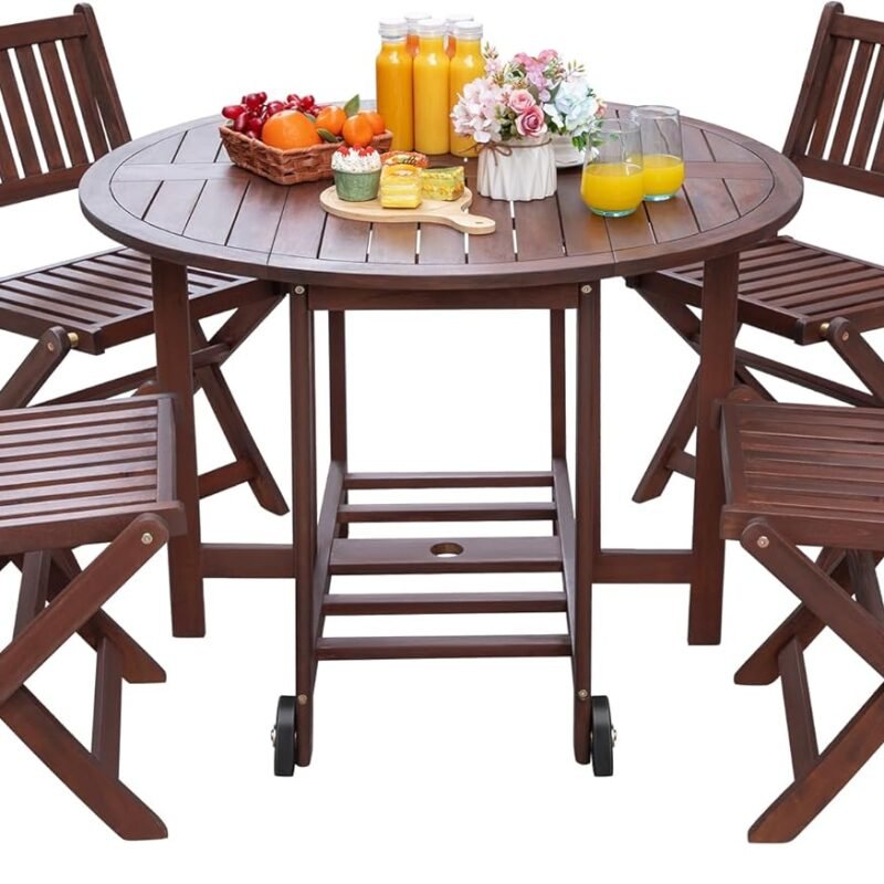 Greesum 5 Piece Patio Dining Set Outdoor Acacia Wood Furniture All-Weather Folding Round Table and Chairs for Backyard, Balcony, Porch, Deck, Garden, Dark Brown