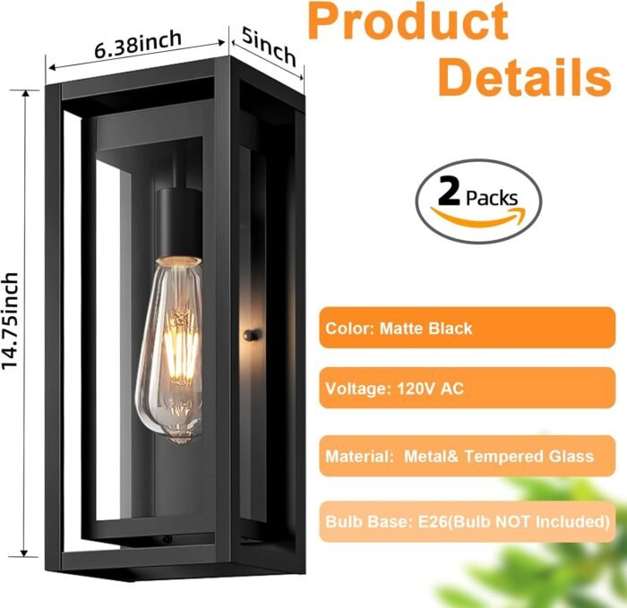 15" Large Outdoor Wall Lights, 2 Pack Matte Black Outdoor Sconces, Modern Waterproof Exterior Lighting Fixtures with Clear Glass Shade for Front Door, Porch, Garage - Image 4
