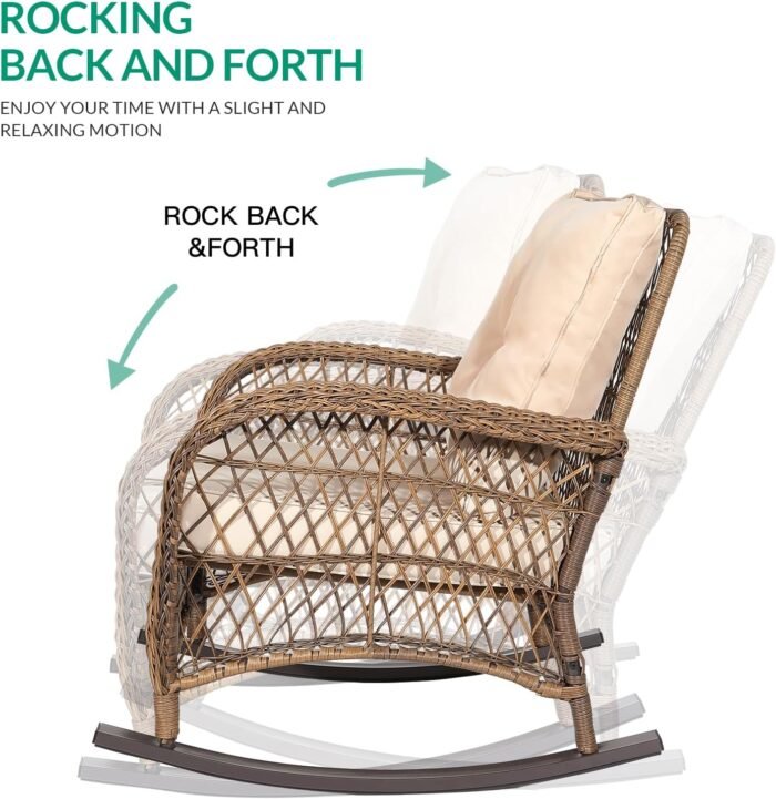 VIVIJASON Outdoor Wicker Rocking Chair, Patio Rattan Rocker Chair with Cushions & Steel Frame, All-Weather Rocking Lawn Wicker Furniture for Garden Backyard Porch (Beige) - Image 4