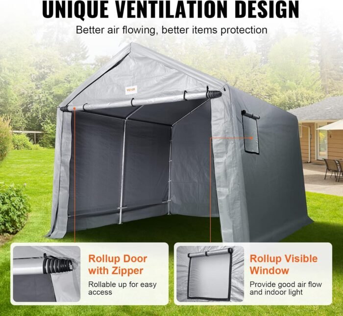 VEVOR Portable Shed Outdoor Storage Shelter, 6x8x7 ft Heavy Duty Instant Waterproof Storage Tent Sheds with Roll-up Zipper Door and Ventilated Windows for Motorcycle, Bike, Garden Tools - Image 2