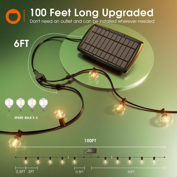 addlon 100FT Solar String Lights Outdoor with Remote, 54 LED Shatterproof Bulbs, Dimmable & Timable, 3 Light Modes, G40 Waterproof Solar String Lights for Outside Backyard Party Decor - Image 6