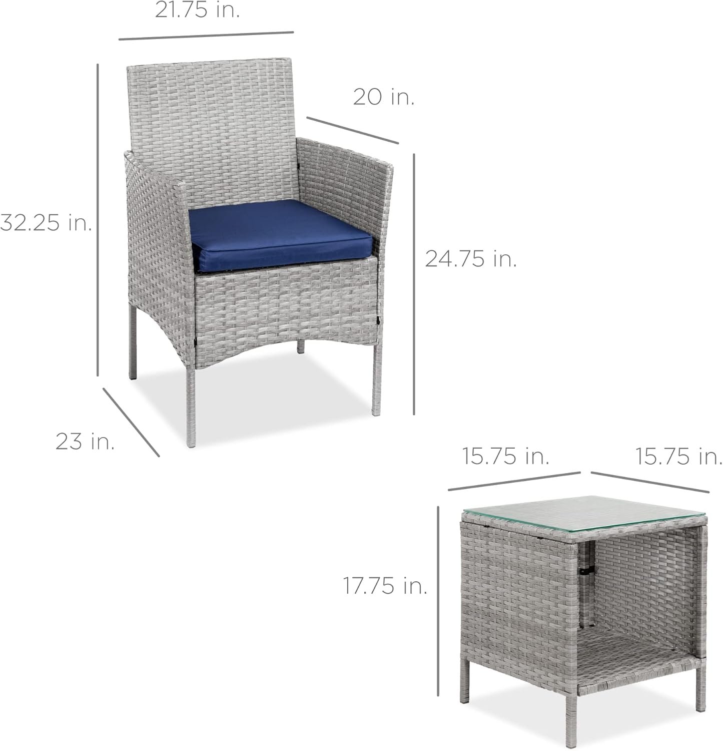 Best Choice Products 3-Piece Outdoor Wicker Conversation Bistro Set, Space Saving Patio Furniture for Garden w/Side Table - Gray/Navy - Image 7