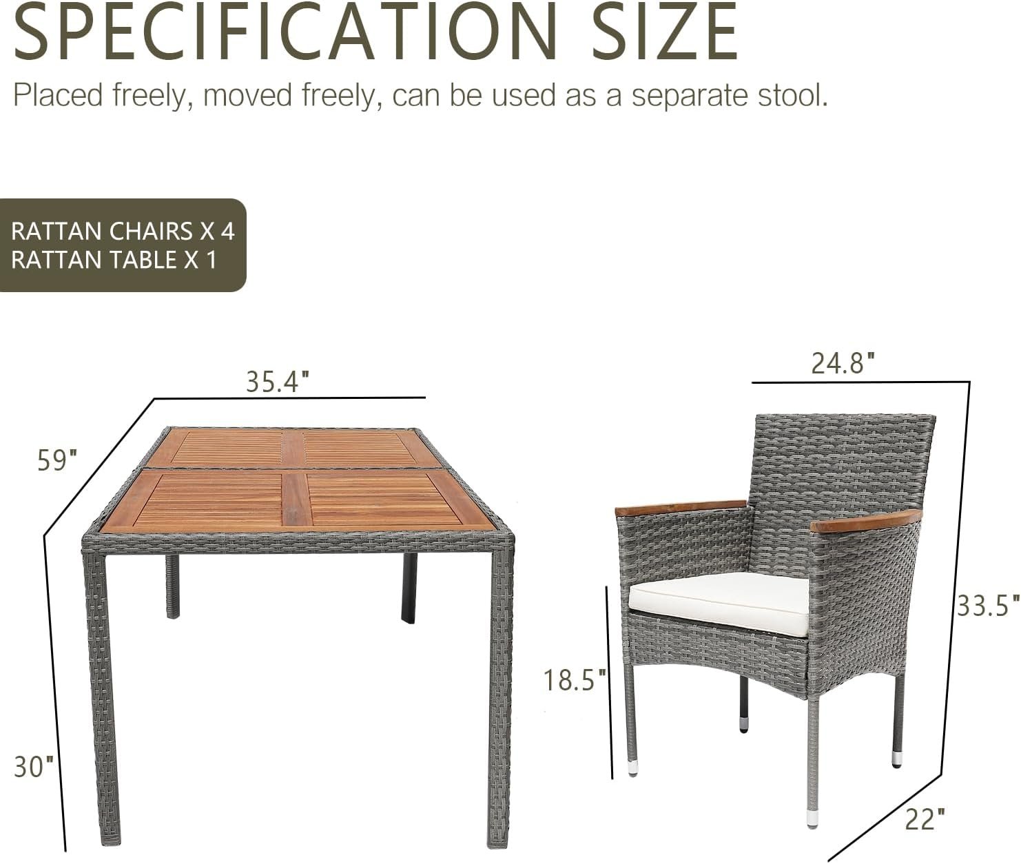 5 Piece Outdoor Patio Table and Chairs Set of 6 Outdoor Dining Set for 6 Patio Dining Sets Patio Furniture Back Yard Outdoor Furniture Set for Outside Patio Garden Poolside Deck,Grey - Image 7