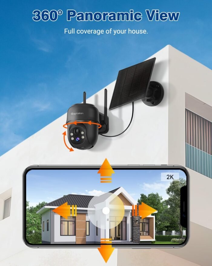 Septekon 2K Solar Security Cameras Wireless Outdoor 2 Pack, 360°PTZ Battery Powered Outdoor Camera, 2.4G WiFi Camera with Spotlight Color Night Vision, Motion Sensor Alarm, IP66, Black - Image 2