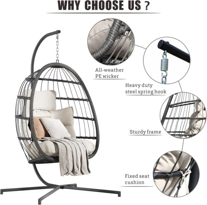 HWB Hanging Egg Chair with Stand, Patio Wicker Hammock Egg Swing Chair with Cushion for Bedroom Garden Indoor Outdoor (Beige) - Image 5