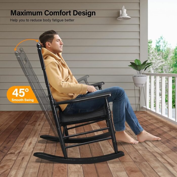 VINGLI Wood Rocking Chair Outdoor with 450 lbs Support Relaxing Rocker Solid Wood High Back Seat Reclining Seat for Deck, Garden, Backyard, Porch, Indoor or Outdoor Use, Black - Image 4