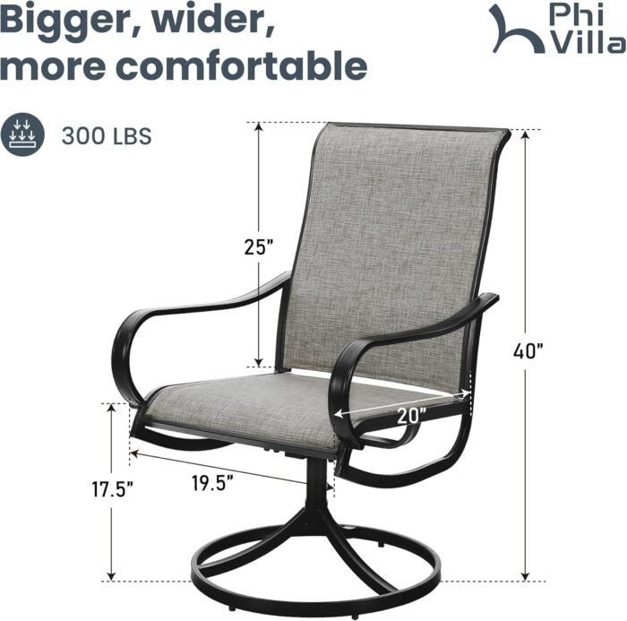 PHI VILLA Patio Swivel Dining Chairs Set of 2, Outdoor Metal Chair with Textilene Mesh Fabric, Patio Chair with Armrest, Black Frame for Patio Deck Garden - Image 3