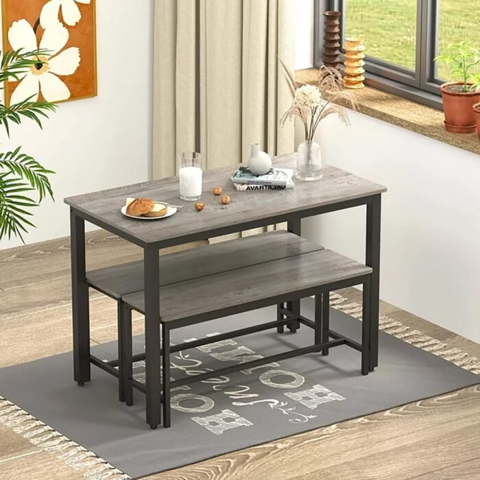 Dining Table Set for 4, Kitchen Room Table Set with 2 Benches, 3-Piece Dining Chairs Set for Breakfast Nook, Grey - Image 5