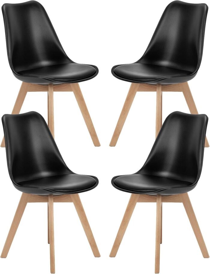 Sweetcrispy Dining Chairs, Dining Chairs Set of 4, Dining Room Chairs, Kitchen Chairs, Mid Century Modern Chairs, PU Leather Upholstered Chairs with Wood Legs, Kitchen Dining Room Chairs, Black