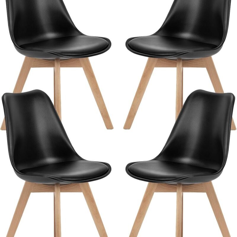 Sweetcrispy Dining Chairs, Dining Chairs Set of 4, Dining Room Chairs, Kitchen Chairs, Mid Century Modern Chairs, PU Leather Upholstered Chairs with Wood Legs, Kitchen Dining Room Chairs, Black