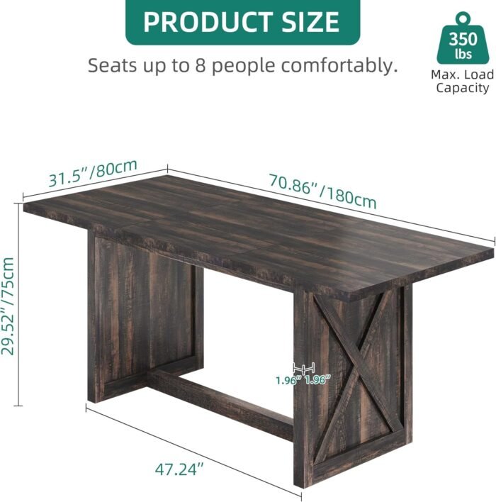 YITAHOME 71" Large Dining Table for 6 to 8 People, Rustic Farmhouse Style Dinner Table with Large Tabletop, Rectangular Wood Dining Room Table for Living Room, Kitchen, Apartment, Oak Grey - Image 2