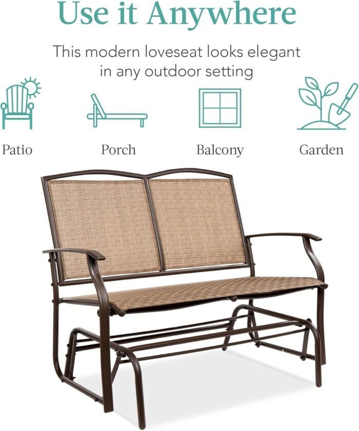 Best Choice Products 2-Person Outdoor Patio Swing Glider Steel Bench Loveseat Rocker for Deck, Porch w/Textilene Fabric, Steel Frame - Brown - Image 7