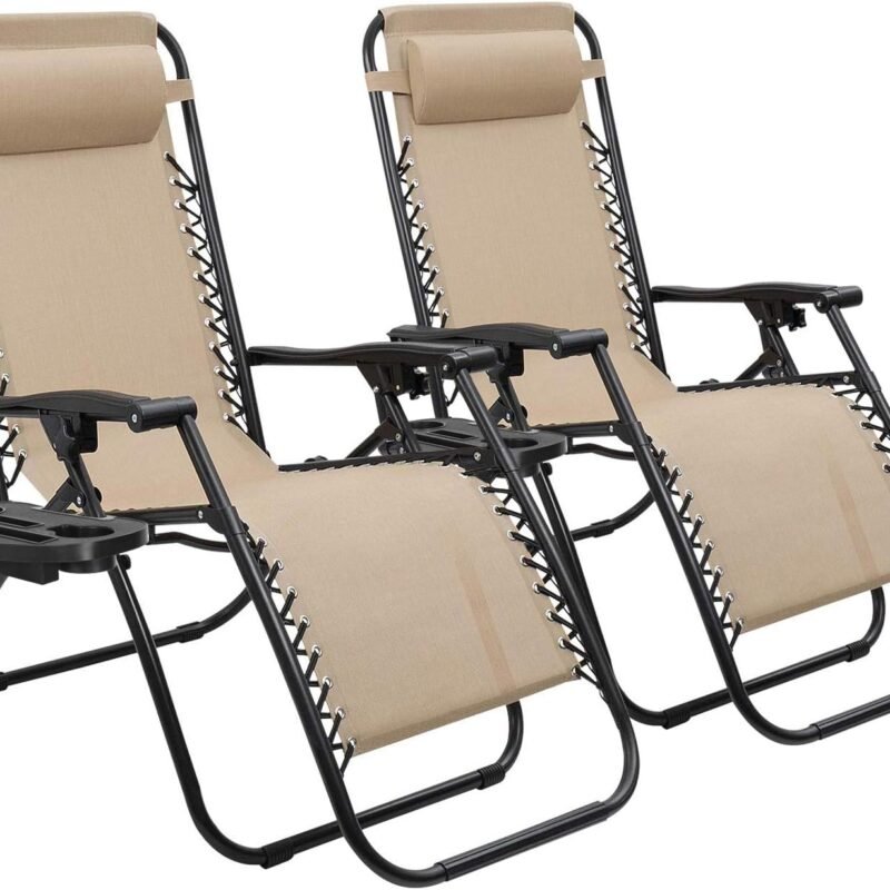 Devoko Patio Zero Gravity Chair Outdoor Folding Adjustable Reclining Chairs Pool Side Using Lawn Lounge Chair with Pillow Set of 2 (Beige)