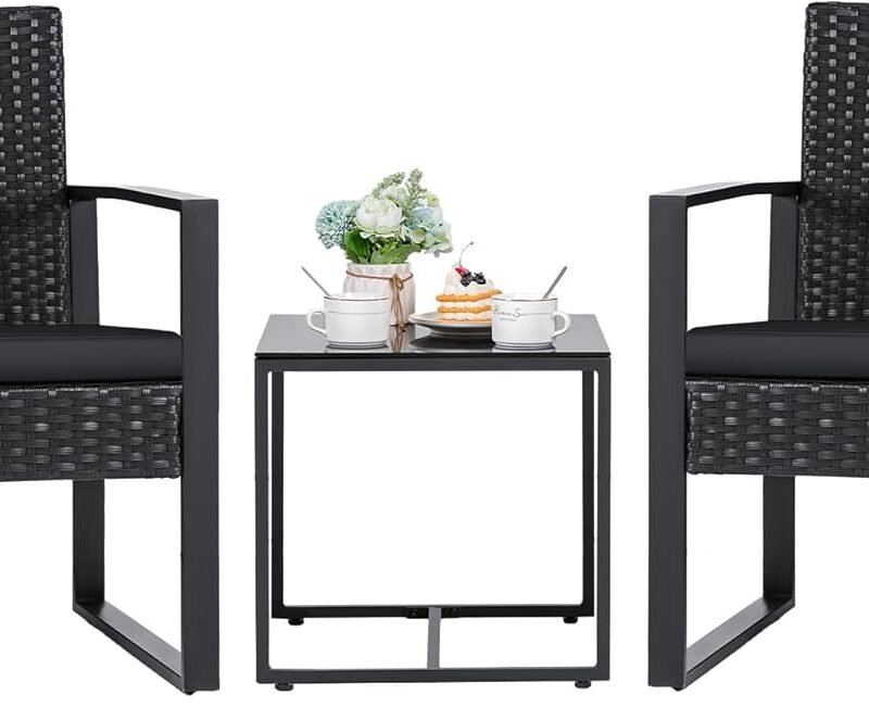Flamaker 3 Pieces Patio Set Outdoor Wicker Furniture Sets Modern Rattan Chair Conversation Sets with Coffee Table for Yard and Bistro (Black)