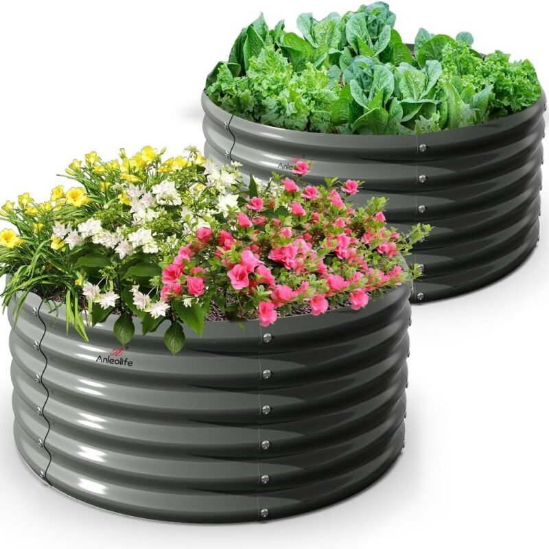 A ANLEOLIFE 2-Pack 4ft x 18” Tall Galvanized Raised Garden Beds Outdoor, Round Metal Planter Box for Planting Vegetables Flowers Herb, Anti-Rust & Easy-Setup, Quartz Grey