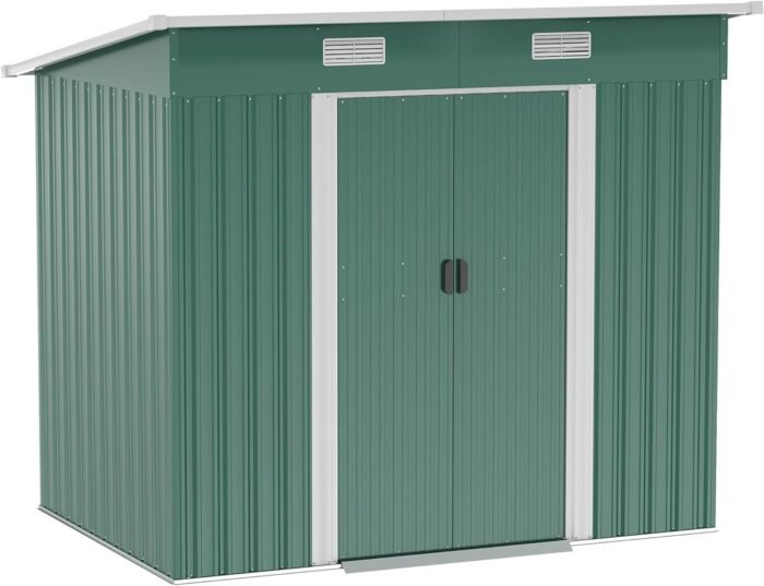 Outsunny 7' x 4' Outdoor Storage Shed, Galvanized Metal Utility Garden Tool House, Lockable Door for Backyard, Bike, Patio, Garage, Lawn, Dark Green
