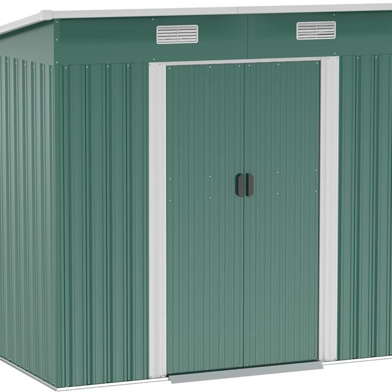 Outsunny 7' x 4' Outdoor Storage Shed, Galvanized Metal Utility Garden Tool House, Lockable Door for Backyard, Bike, Patio, Garage, Lawn, Dark Green