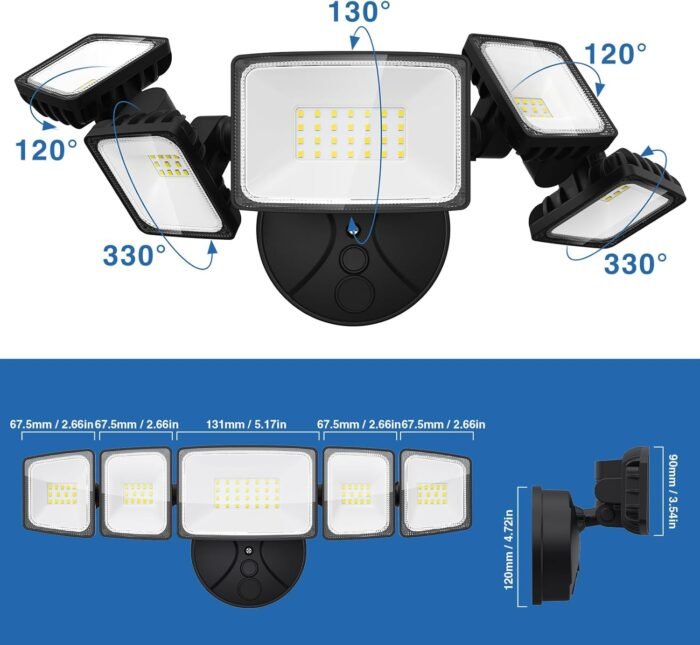 70W LED Flood Lights Outdoor Waterproof IP65, 5 Heads Exterior Security Lights with 360° Lighting Angle, 6500K Super Bright Floodlight Fixture, Outside Lights for House, Backyard - Image 9
