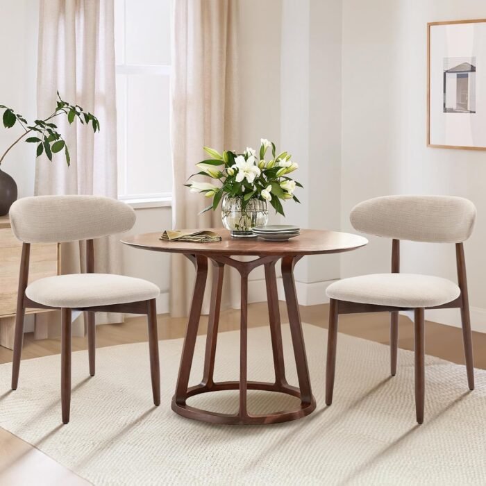 COLAMY Wooden Dining Chairs Set of 6, Modern Fabric Upholstered Dining Room Chair, Farmhouse Kitchen Side Chairs with Foot Pegs, Beige - Image 3
