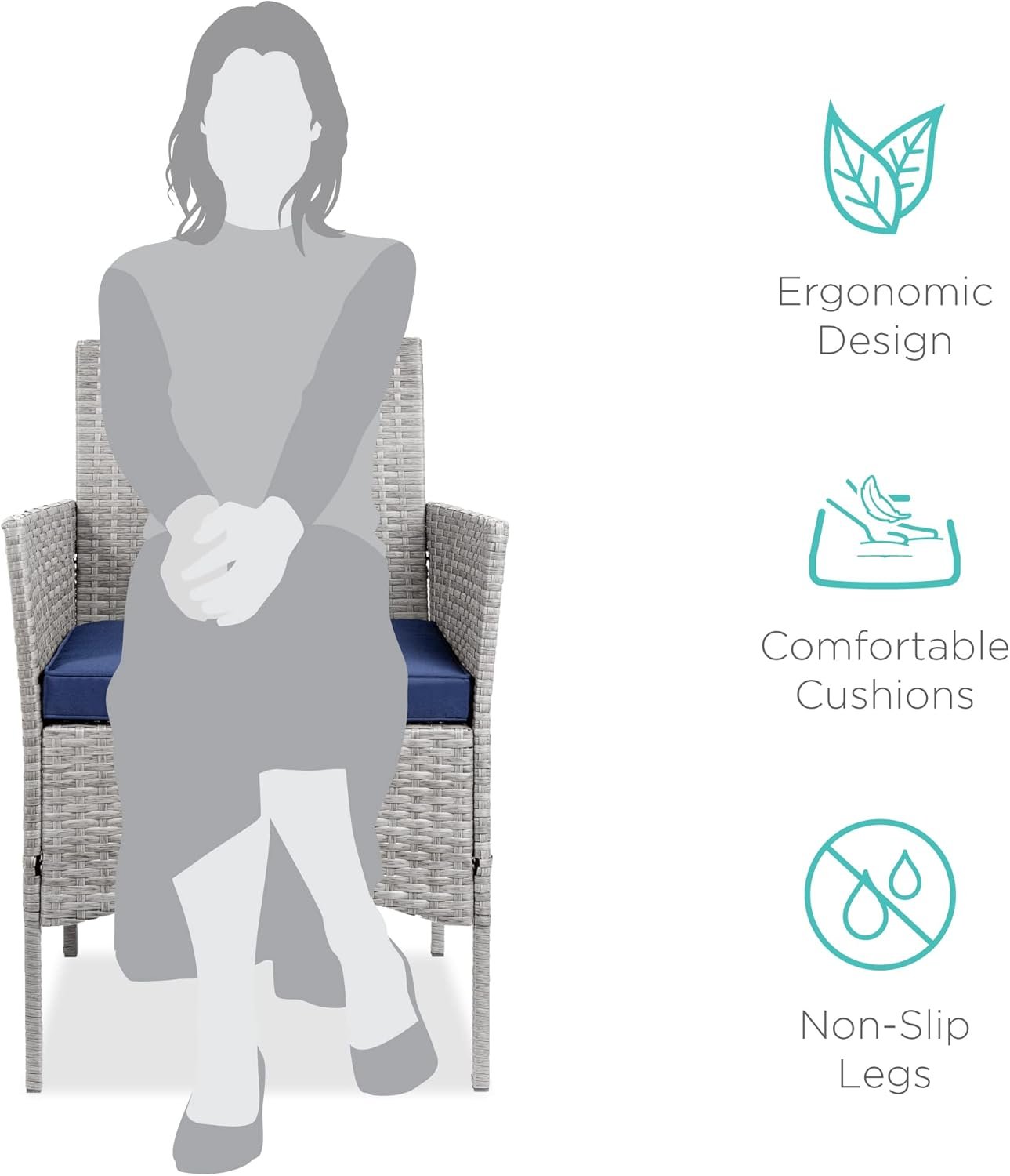 Best Choice Products 3-Piece Outdoor Wicker Conversation Bistro Set, Space Saving Patio Furniture for Garden w/Side Table - Gray/Navy - Image 2