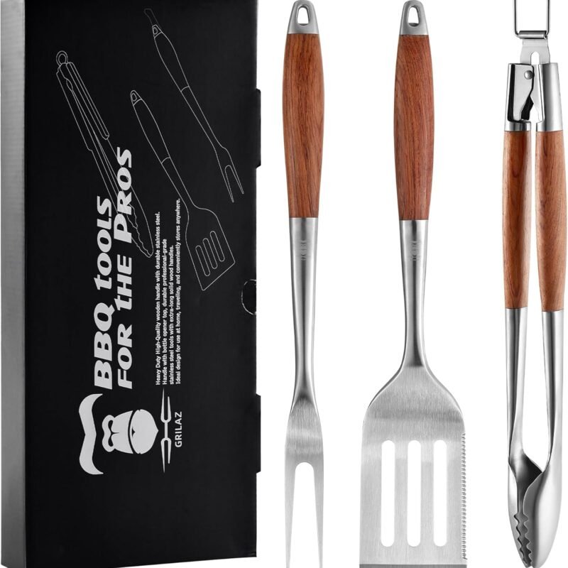 Heavy-Duty Rose Wooden BBQ Grilling Tools Set. Extra Thick Stainless Steel Multi-Function Spatula, Fork & Tongs | Essential Accessories for Barbecue & Grill. Ideal Gift for Father…