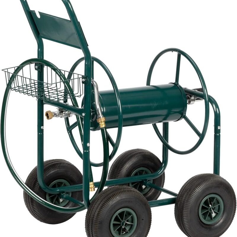 VINGLI 4-Wheel Garden Hose Reel Cart with Storage Basket, Portable Residential Hose Reel Cart, Lawn Watering, for Garden Backyard and Farm (Green)