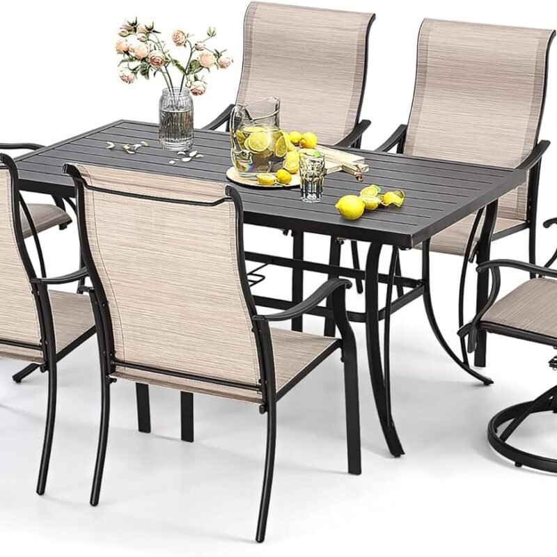 HAPPATIO 7 Piece Patio Dining Set,Outdoor Dining Set,Patio Furniture Sets,2 Swivel Dining Chairs,4 Reg.Dining Chairs,Textilene Furniture Set for Patio,Yard,Pool (Beige Brown)