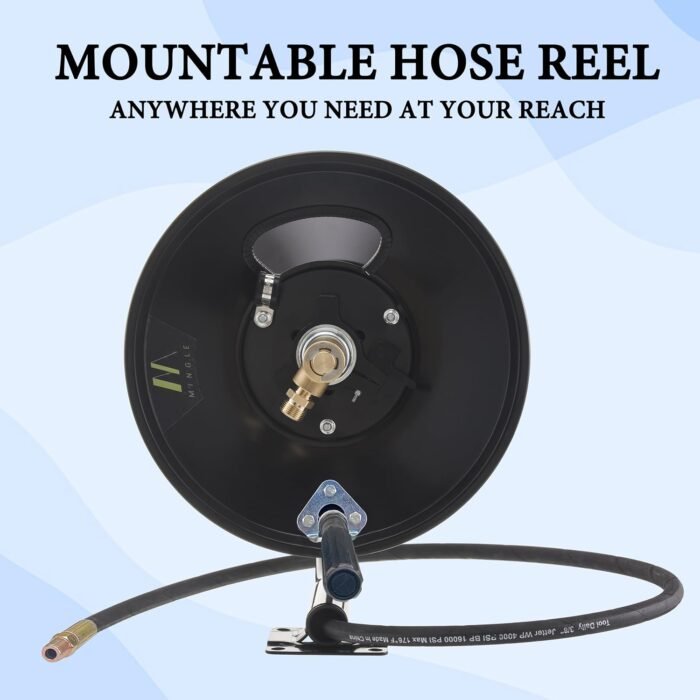 M MINGLE High Pressure Washer Hose Reel 150ft, Heavy Duty Steel Hose Reel, Manual Crank Power Washer Hose Reel with 3/8" Pressure Wash Whip Hose, Swivel Arm and Mounting Bracket, 4000 PSI - Image 7