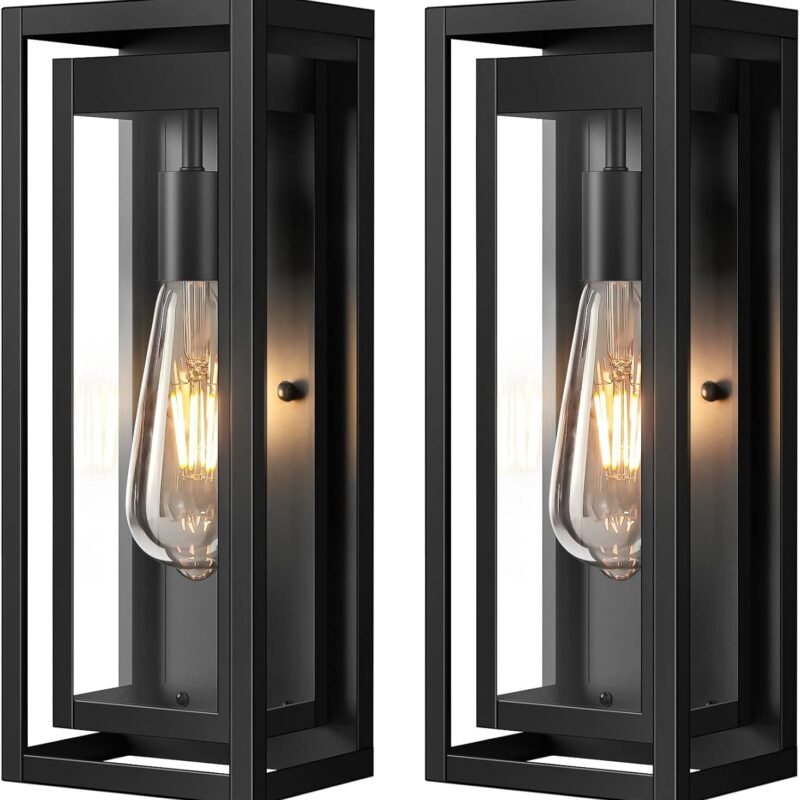 15" Large Outdoor Wall Lights, 2 Pack Matte Black Outdoor Sconces, Modern Waterproof Exterior Lighting Fixtures with Clear Glass Shade for Front Door, Porch, Garage