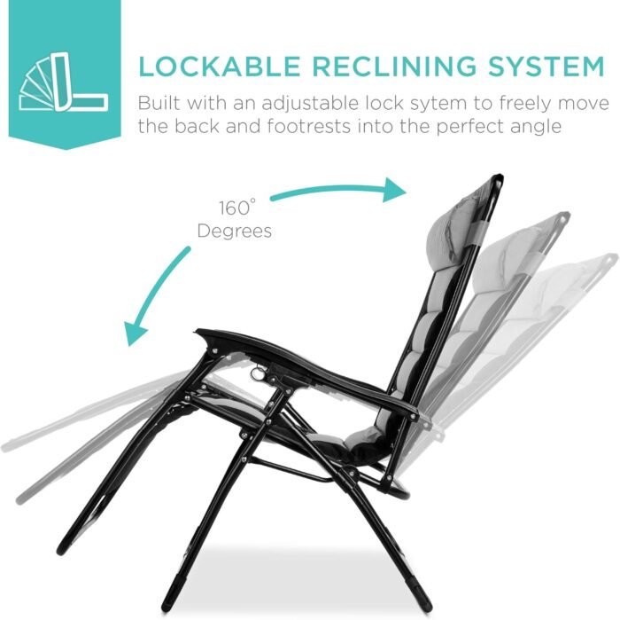 Best Choice Products Oversized Padded Zero Gravity Chair, Folding Outdoor Patio Recliner, XL Anti Gravity Lounger for Backyard w/Headrest, Cup Holder, Side Tray, Polyester Mesh - Black/Gray - Image 7