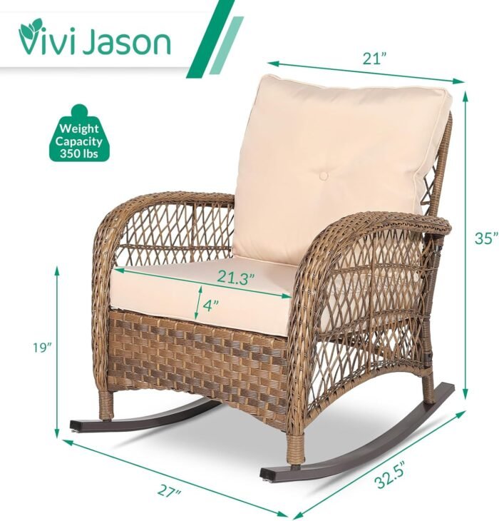 VIVIJASON Outdoor Wicker Rocking Chair, Patio Rattan Rocker Chair with Cushions & Steel Frame, All-Weather Rocking Lawn Wicker Furniture for Garden Backyard Porch (Beige) - Image 3