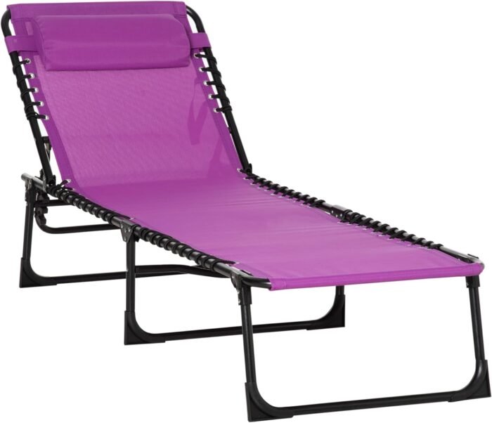 Outsunny Folding Chaise Lounge Pool Chair, Patio Sun Tanning Chair, Outdoor Lounge Chair with 4-Position Reclining Back, Breathable Mesh Seat for Beach, Yard, Patio, Purple