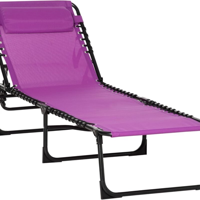Outsunny Folding Chaise Lounge Pool Chair, Patio Sun Tanning Chair, Outdoor Lounge Chair with 4-Position Reclining Back, Breathable Mesh Seat for Beach, Yard, Patio, Purple