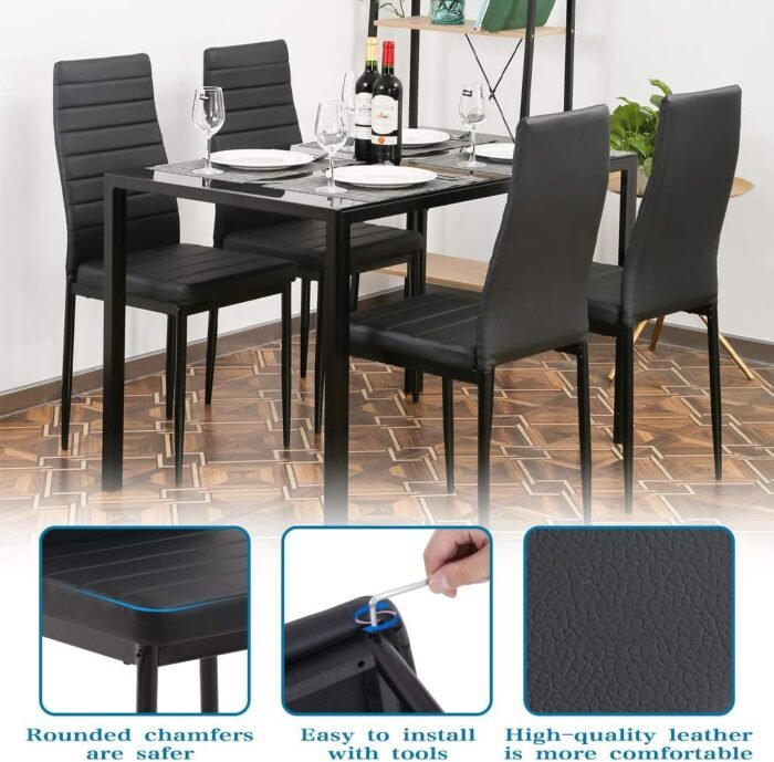 FDW Dining Table Set Glass Dining Room Table Set for Small Spaces Kitchen Table and Chairs for 4 Table with Chairs Home Furniture Rectangular Modern (Black Glass) - Image 4