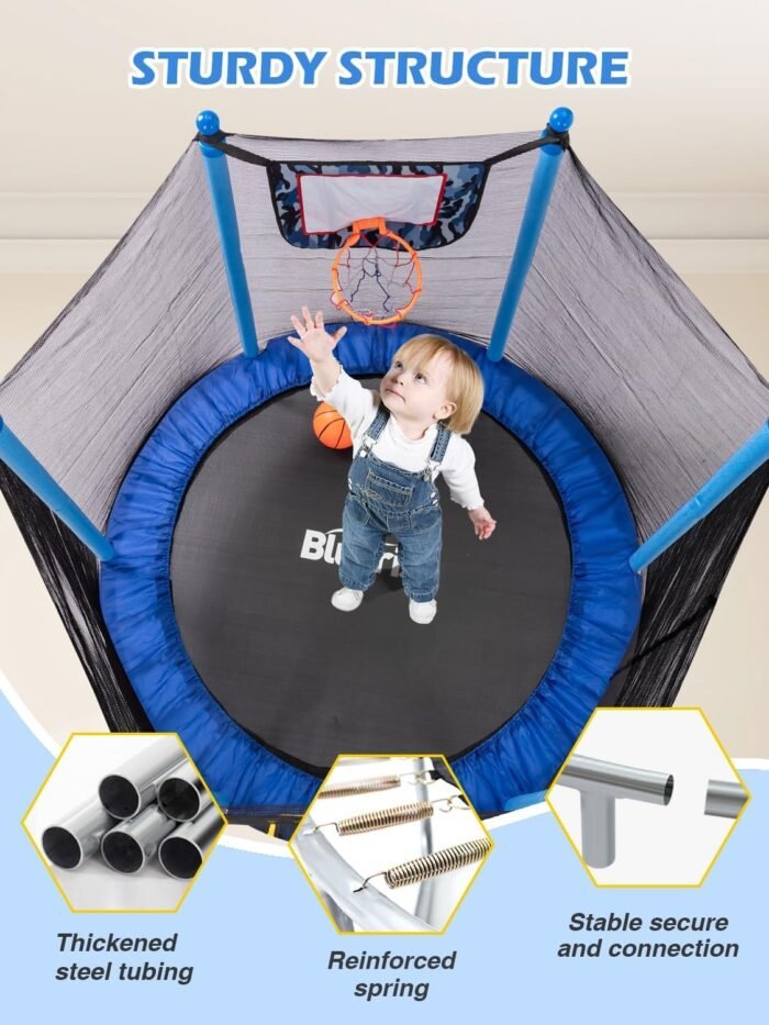 BLUERISE Trampoline 55IN 6FT Toddler Trampoline for Kids Indoor Outdoor Play for Kids Trampoline Basketball Hoop Attachment with Enclosure Net Easy to Assemble Outdoor Indoor Trampoline - Image 6