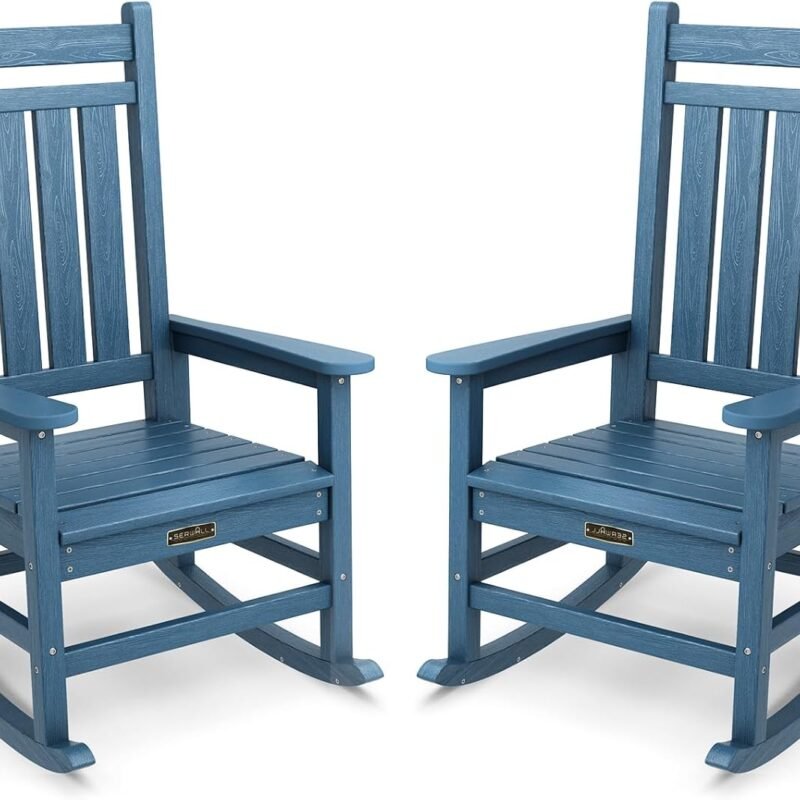 SERWALL HDPE Rocking Chair Set of 2, Outdoord Rocking Chairs for Adult, All Weather Porch Rockers for Lawn Garden, Navy