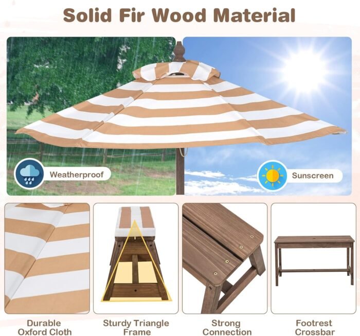 HONEY JOY Kids Picnic Table, Outdoor Wooden Table & Bench Set w/Removable Cushions and Umbrella, Stripe Fabric, Children Backyard Furniture for Patio Garden, Gift for Toddler Boys Girls Age 3+(Coffee) - Image 4