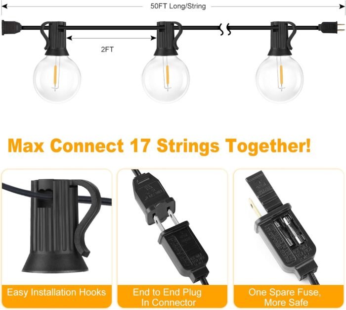 100ft 2-Pack Outdoor G40 LED Globe String Lights Dimmable Waterproof Shatterproof Light Strings with 52 Bulbs Connectable Commercial Hanging Lights for Christmas Patio House Backyard Balcony Party - Image 5