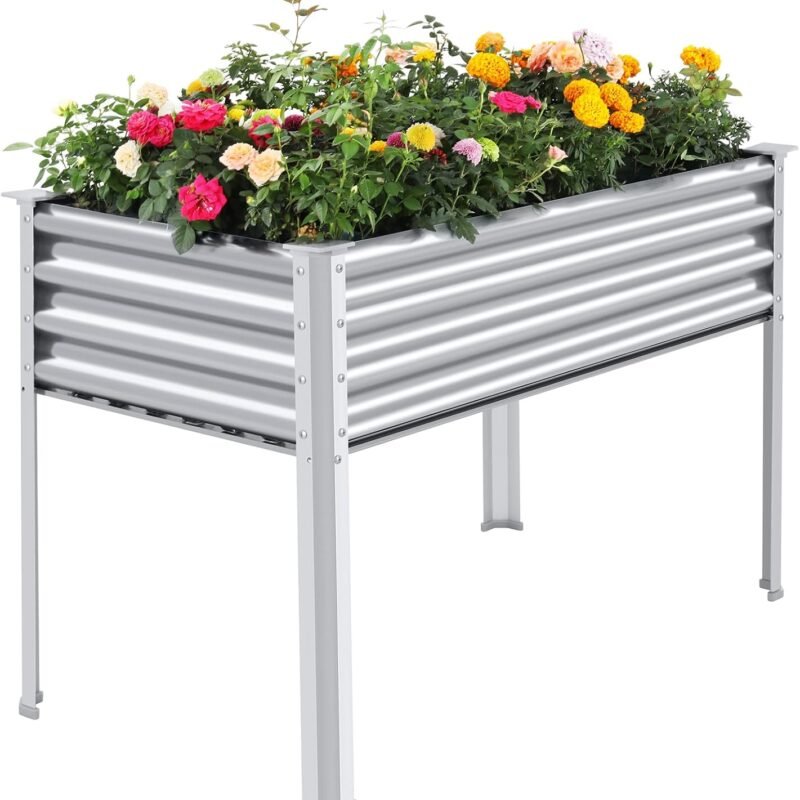 Land Guard Galvanized Raised Garden Bed with Legs, 48×24×32in Large Metal Elevated Raised Planter Box with Drainage Holes for Backyard, Patio, Balcony, 400lb Capacity