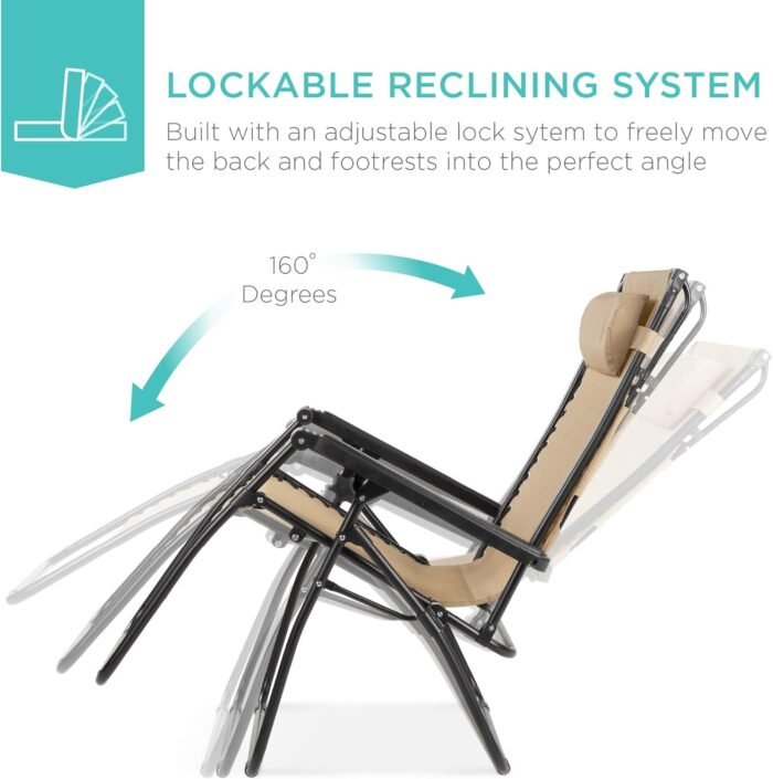 Best Choice Products Folding Zero Gravity Outdoor Recliner Patio Lounge Chair w/Adjustable Canopy Shade, Headrest, Side Accessory Tray, Textilene Mesh - Beige - Image 3
