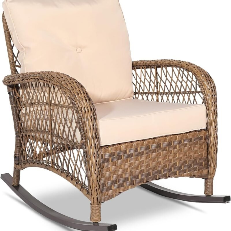 VIVIJASON Outdoor Wicker Rocking Chair, Patio Rattan Rocker Chair with Cushions & Steel Frame, All-Weather Rocking Lawn Wicker Furniture for Garden Backyard Porch (Beige)