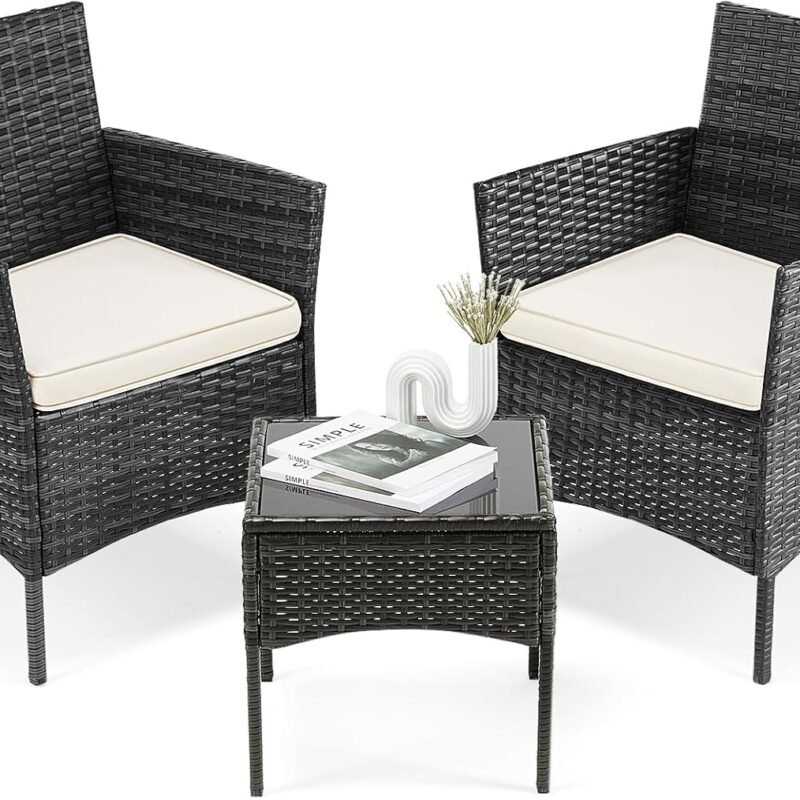 Sweetcripy Patio Furniture Set 3 Pieces, Outdoor Furniture with Soft Cushion and Glass Table, All Weather Manual Weaving Wicker Rattan Patio Chairs for Garden, Terrace, Porch(Black and Beige)