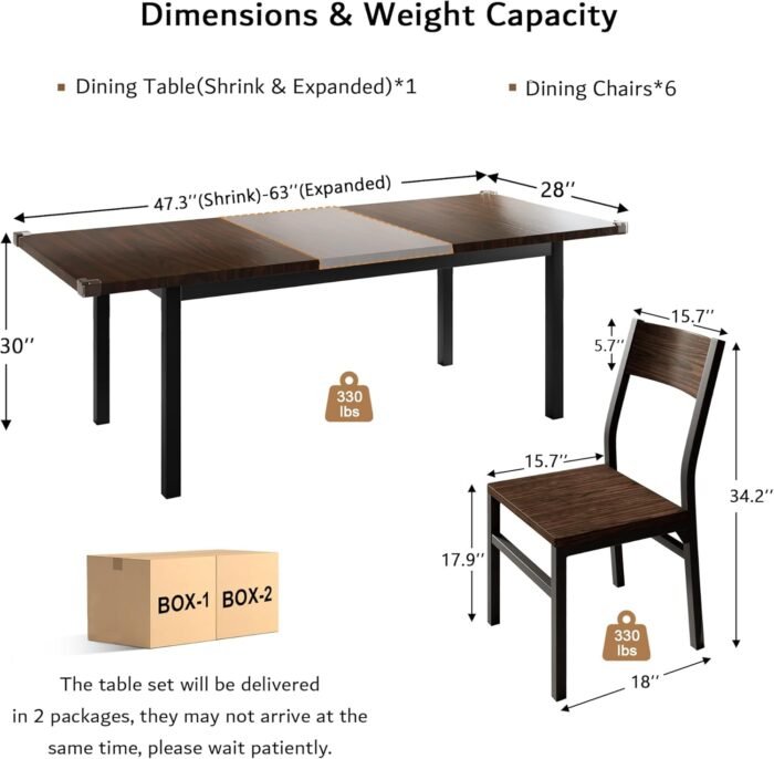 iPormis 7 Pieces Dining Table & Chairs Set for 4-6, 63" Extendable Kitchen Table and 6 Chairs, Dining Room Table with MDF Board & Metal Frame, Perfect for Small Space, Easy Clean, Espresso - Image 2